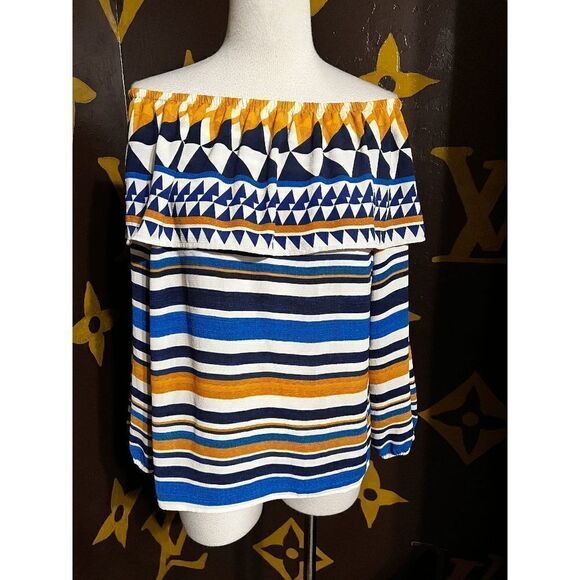 Chico's Off the Shoulder Striped Long Sleeve Blouse 10 - Picture 1 of 3